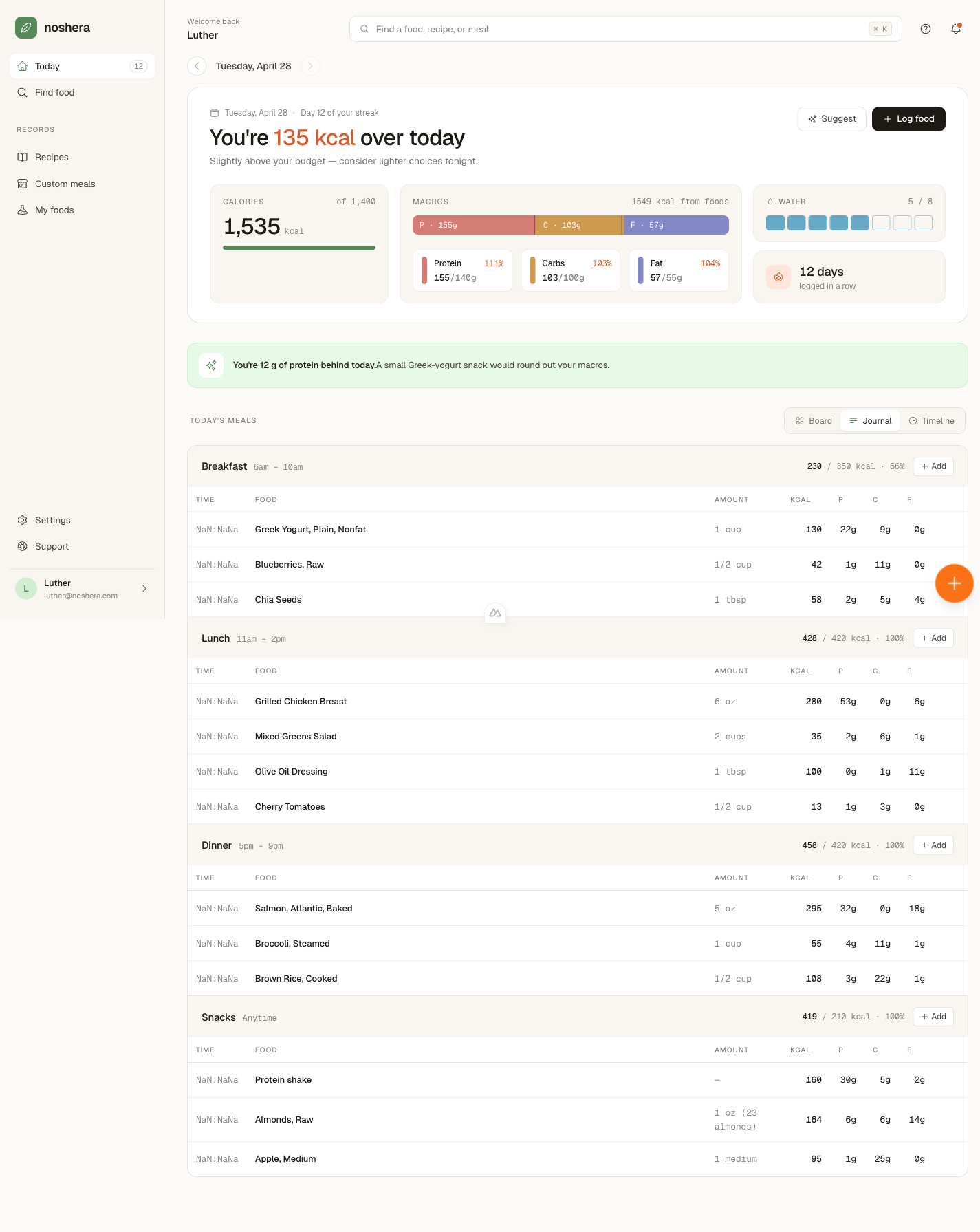 Noshera journal view with per-meal nutrition totals